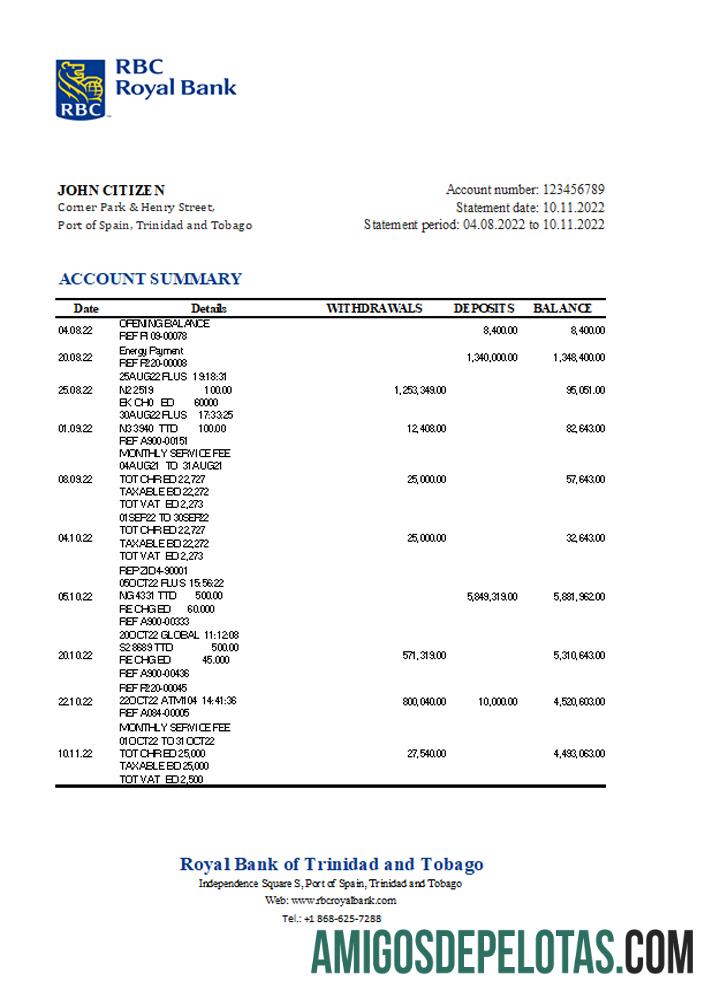 Extrato do Banco Real de Trinidad e Tobago em branco, modelo Excel e PDF